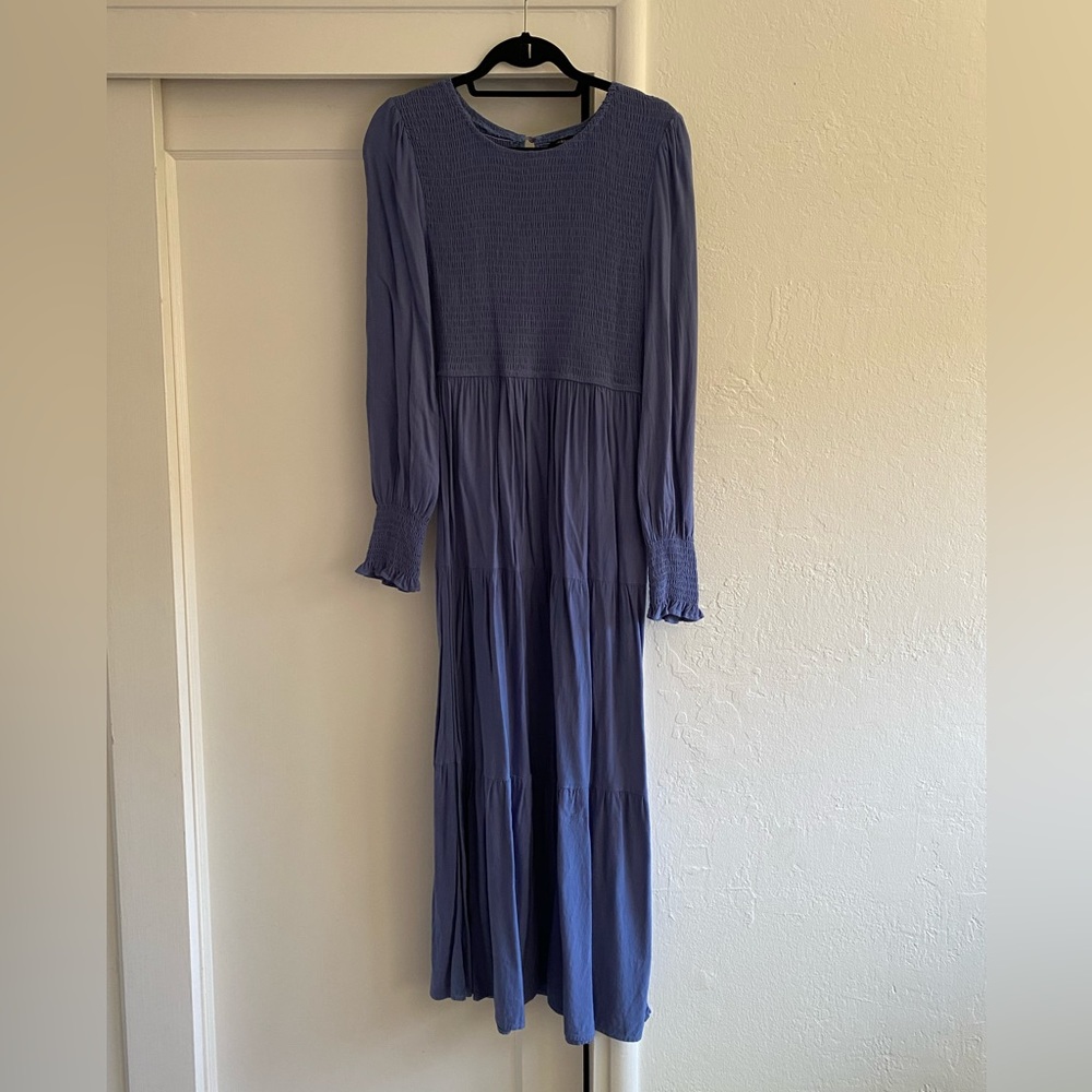 Blue Smocked Long Sleeve Maxi